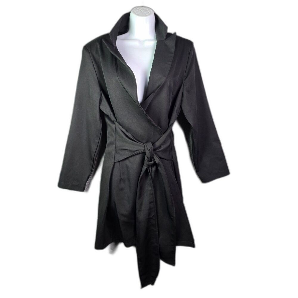 PrettyLittleThing Coat Black 12 Tie Front Lightweight Minimalist Unlined